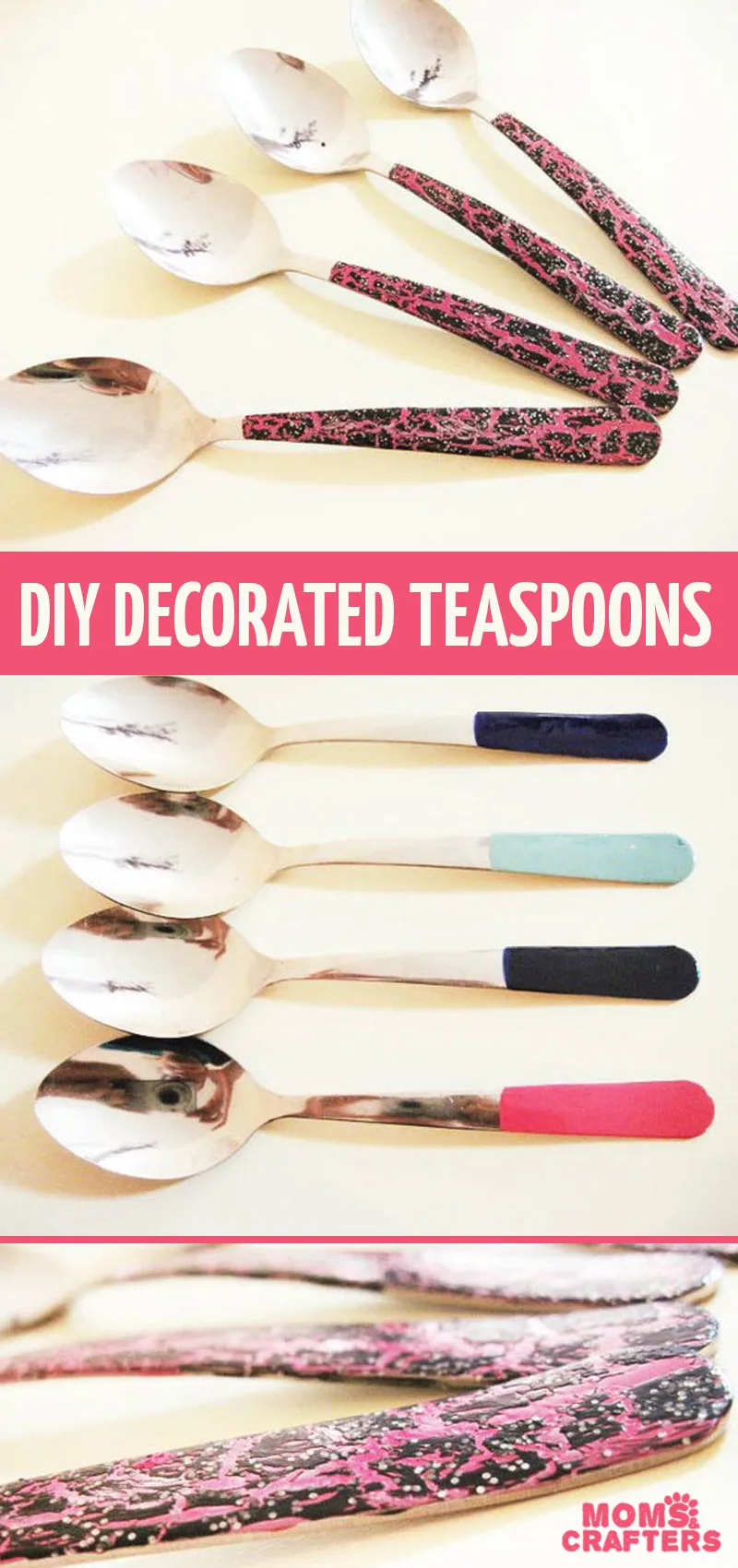 Click to see how easy it is to make your own DIY decorated spoons! These faux enamel teaspoons are so simple to make and are a beautiful functional nail polish craft for teens, tweens, and adults. #nailpolish #easycrafts #lifehacks
