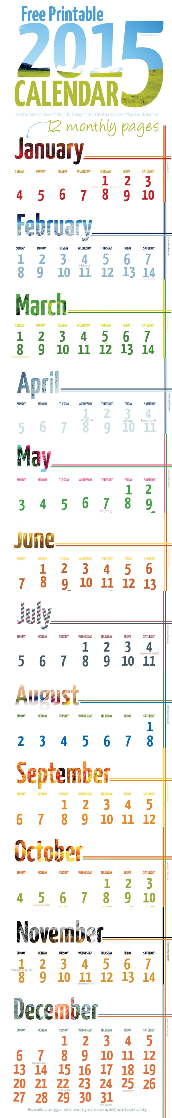 Free printable 2015 calendar complete with parenting goals and objectives!! Fun and smart and wallet-friendly as it uses less ink to print because of the white background. Monthly wall calendar download!