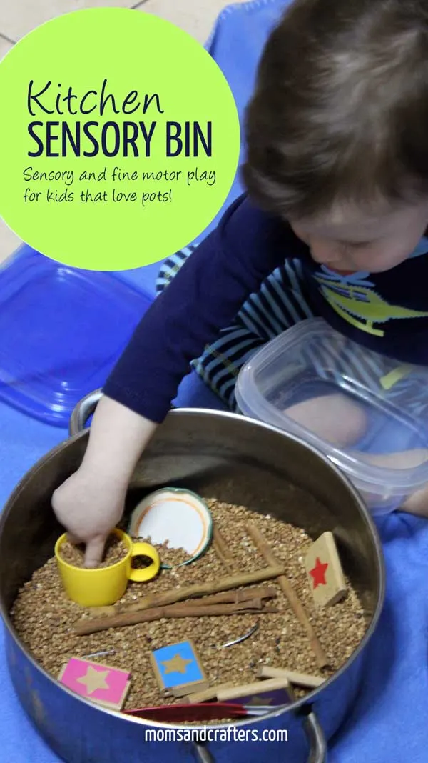 A kitchen sensory bin is a great way to engage a young child who loves role play and playing with pots and pans. It as been a lifesaver for me, and I'm happy sacrifice the pot that my baby has already banged up :)