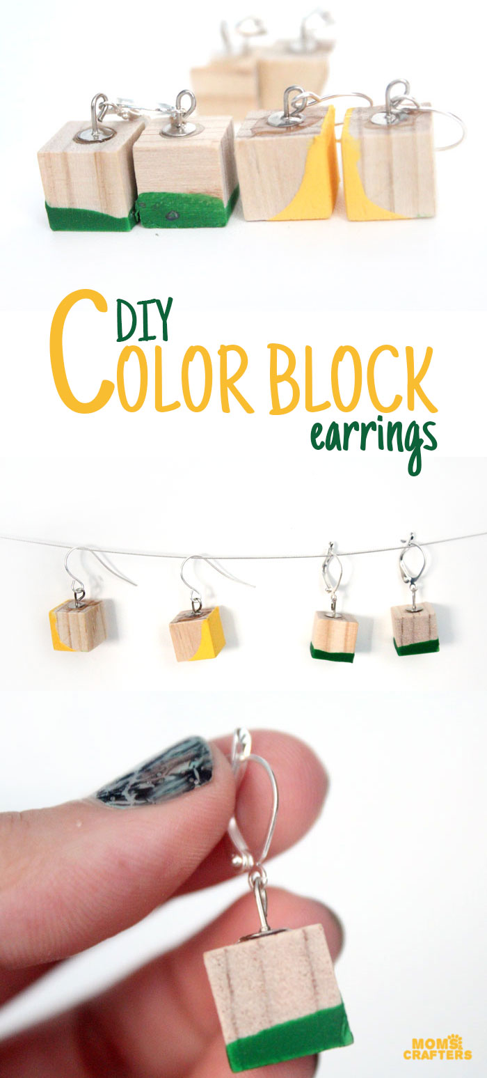 I am obsessed with these adorable DIY color block earrings - they're so lightweight because they're made of wood, too. It's such an easy, cheap jewelry making craft