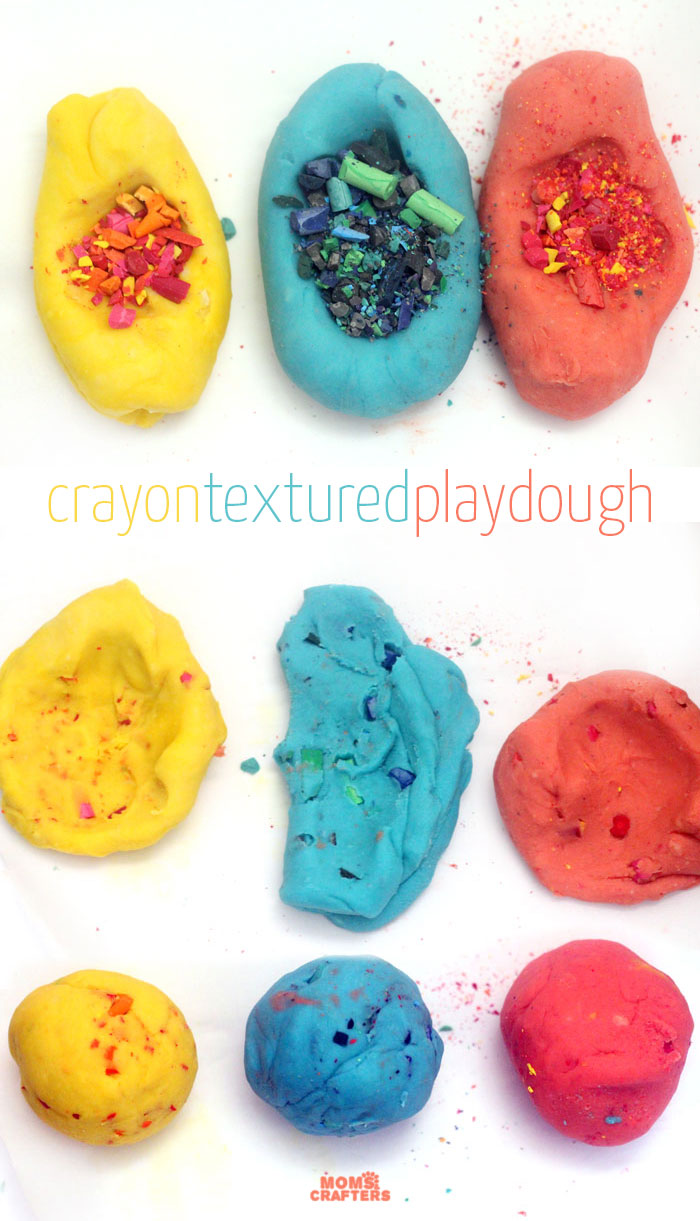Make this super easy and fun crayon play dough recipe! Your child will love the extra sensory exploration. It's a fun crayon craft to use old crayons, and is an engaging kids activity as well!