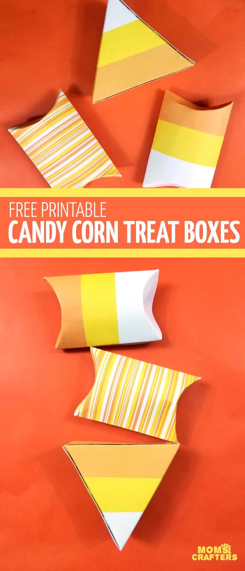 Grab these free printable Halloween treat boxes in candy corn patterns! This adorable autumn and Halloween paper craft is fun for kids and grown ups to fill with trick or treat favors or small gifts for teal pumpkin prizes.