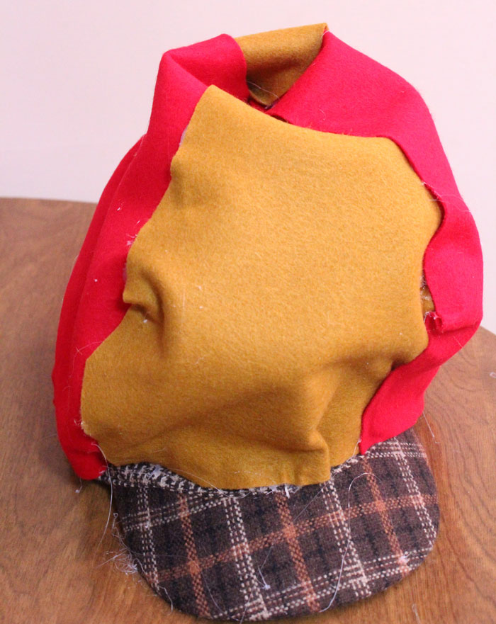 Make this funny, if not realistic Elmer Fudd hunting hat to go with a no sew costume for Halloween or Purim!