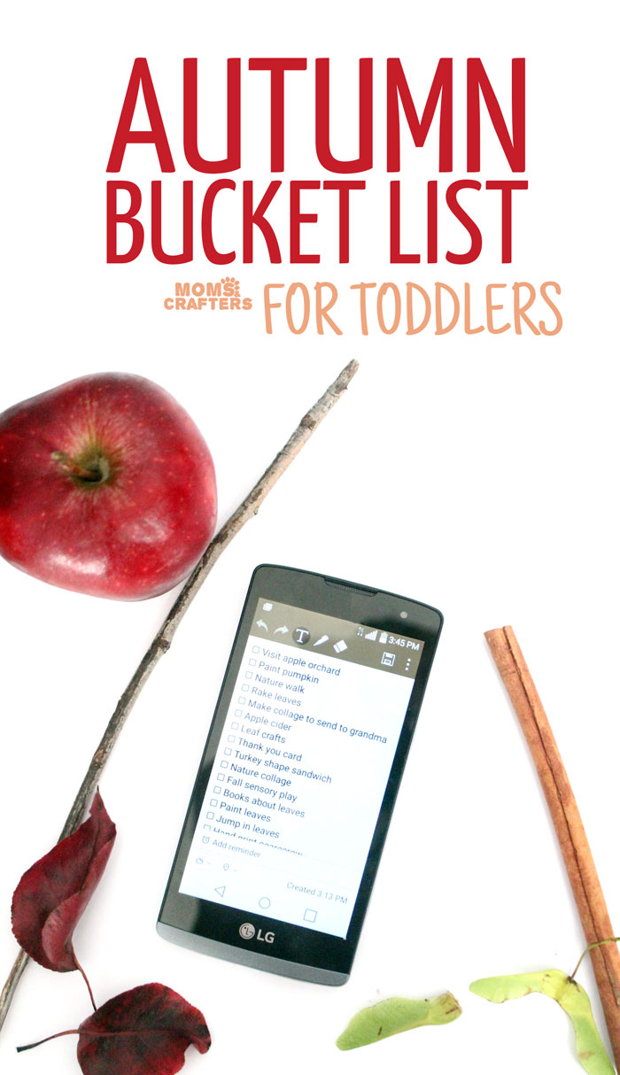 A huge list of activities for toddlers to do in the fall! Click to see this autumn bucket list for toddlers, full of fun kids activities and crafts with pumpkins, fall leaves, apples, and more!