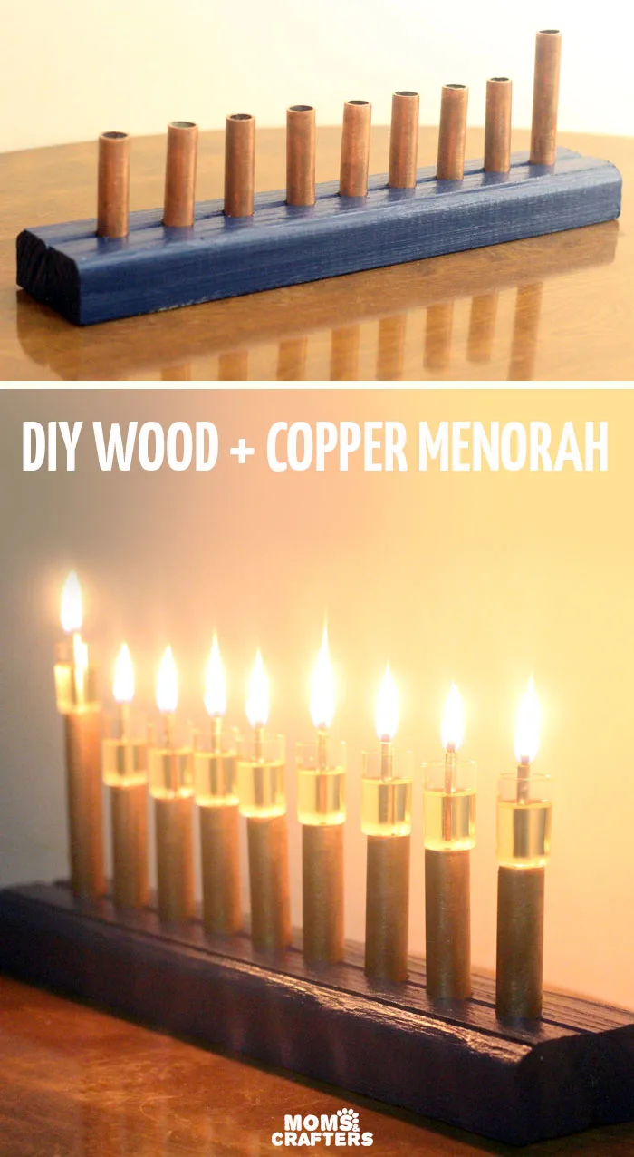 Magnificent DIY wood and copper menorah - cool craft for Hanukkah or Chanukah. Or just use it as any special event centerpiece!