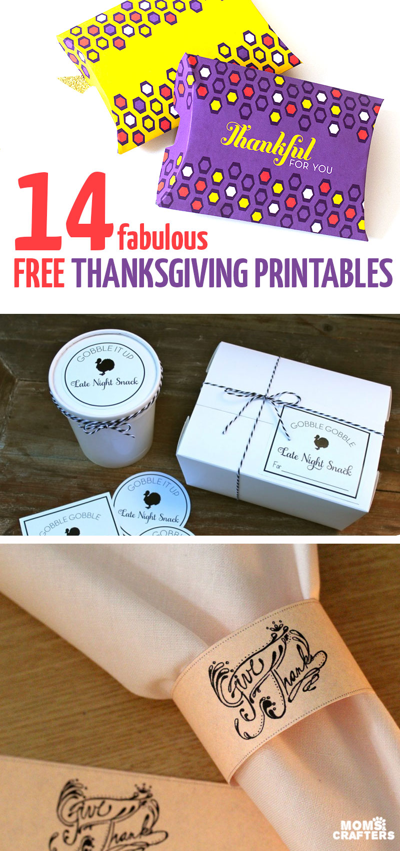 Click for 14 super cool free Thanksgiving printables, including some home decor and wall art, leftover packages, treat boxes, kids activities, table decor, and more!