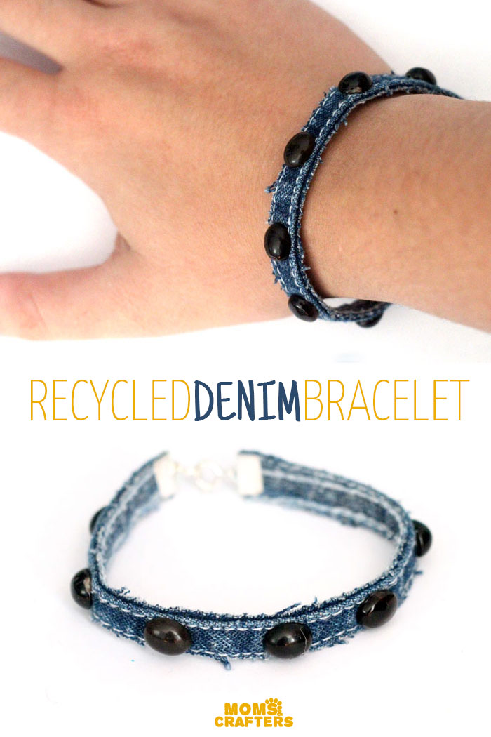 Make this simple no sew DIY denim bracelet by using recycled jeans! This easy jewelry making tutorial is a perfect. cool craft for teens and tweens.
