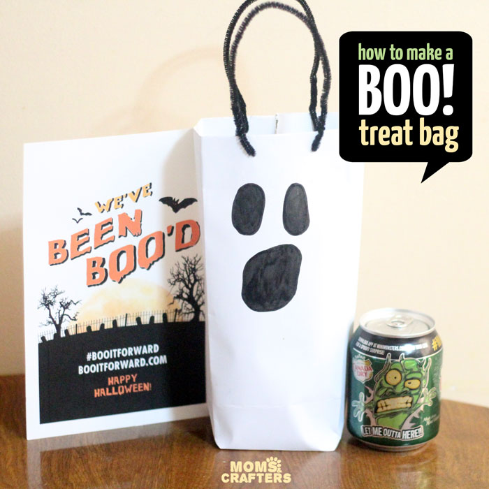 Make this spooky ghost treat bag to BOO a friend for Halloween! A simple craft for kids to get them involved, plus a free printable BOO card.
