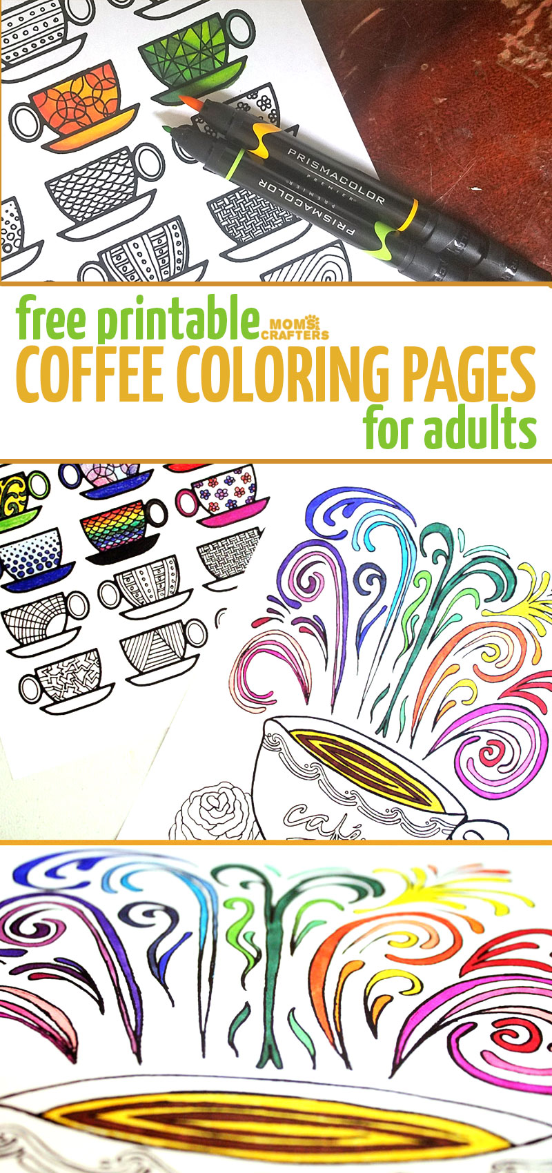 I love these coloring pages for adults in a coffee theme! The best part - they're free! I colored these free printable adult coloring pages TWICE because they are so relaxing and awesome. Click to get the high resolution hand drawn PDF coloring pages.