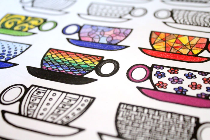 Free Printable Coloring Pages for Adults: Coffee Cups!