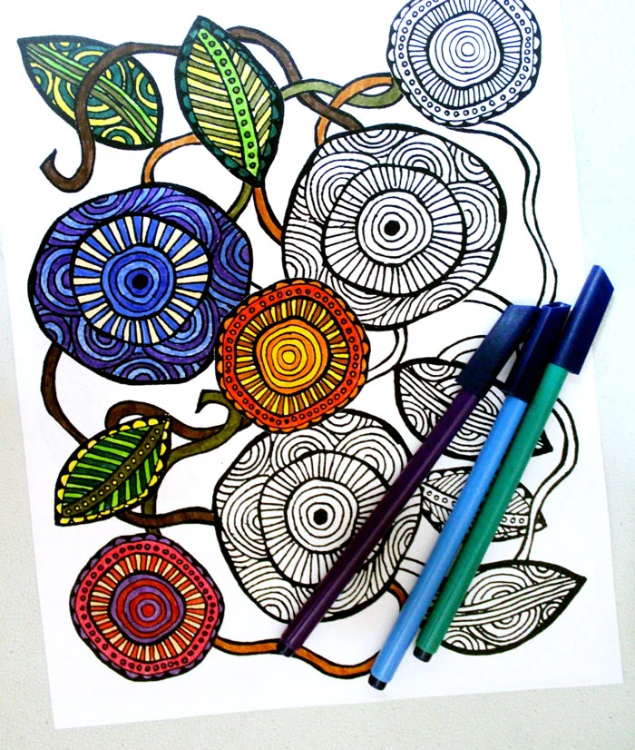 Download these free printable complex coloring pages for adults in a cool, artsy flower theme! These free complex coloring pages are hand drawn and so relaxing to color in.
