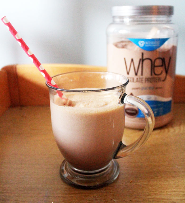 Make this WICKED protein shake recipe - you'll never guess it's your protein fix for the day! It has a double does of chocolate, plus peanut butter flavor, and is rich and filling.