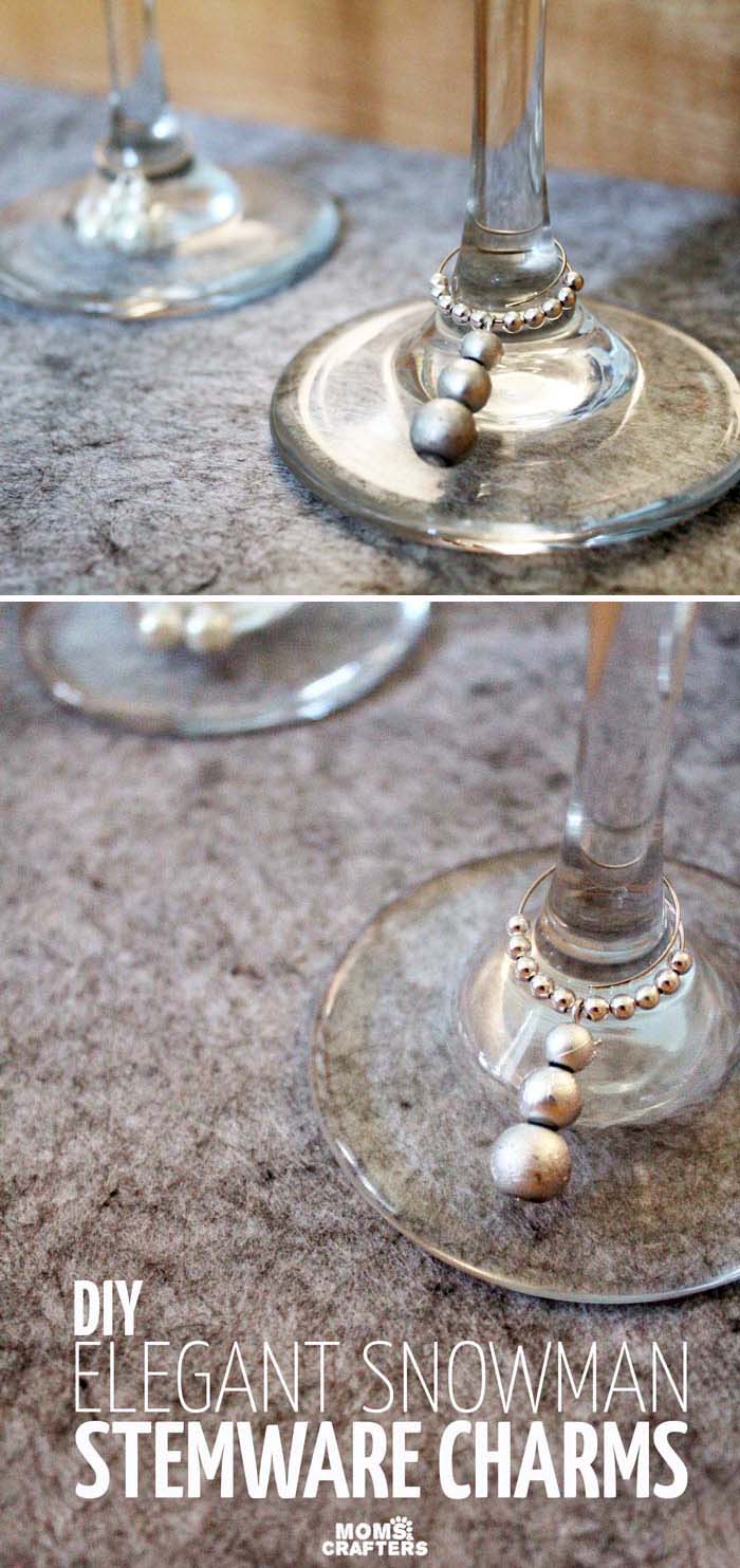Make these easy and elegant DIY snowman stemware charms to upgrade your holiday or winter tablescape! These wine glass dangles are so pretty and easy to craft, and are perfect for Christmas, New Year's or any winter party.