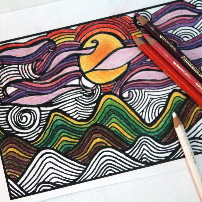 Download and print these free printable adult coloring pages! The magnificent sunset landscape scenes are complex but not overly so, and so much fun for adults to color.