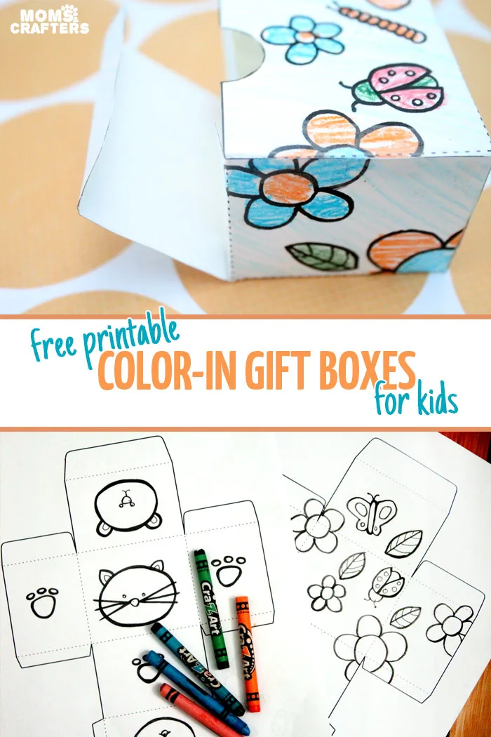 So cute - your kid can color in these free printable color-in gift boxes. It's easy to cut out and put together, and a little more interesting than a coloring sheet for kids.