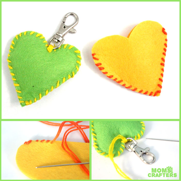 Make this adorable stitched felt heart craft for Valentine's day or any time of year! It includes a cute favor pouch version, and a plush heart keychain. IT's a great beginner sewing project for kids, teens, and tweens!