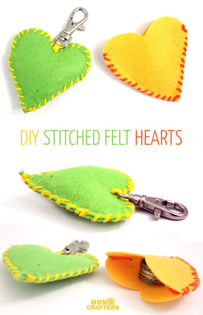 Make this adorable stitched felt heart craft for Valentine's day or any time of year! It includes a cute favor pouch version, and a plush heart keychain. IT's a great beginner sewing project for kids, teens, and tweens!