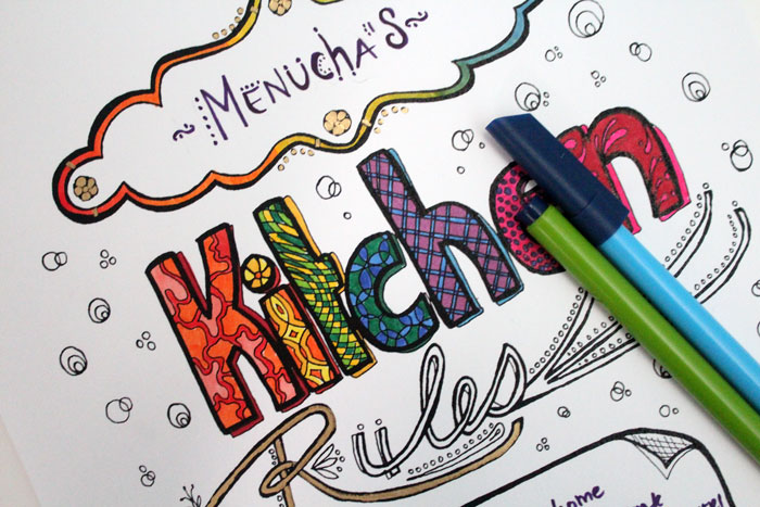 Decorate your kitchen with your own art! Color in this free printable coloring page for adults and add your own name and kitchen rules to it.