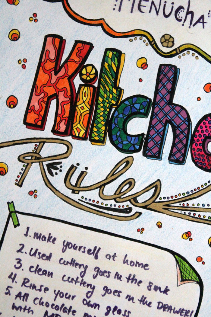 Decorate your kitchen with your own art! Color in this free printable coloring page for adults and add your own name and kitchen rules to it.