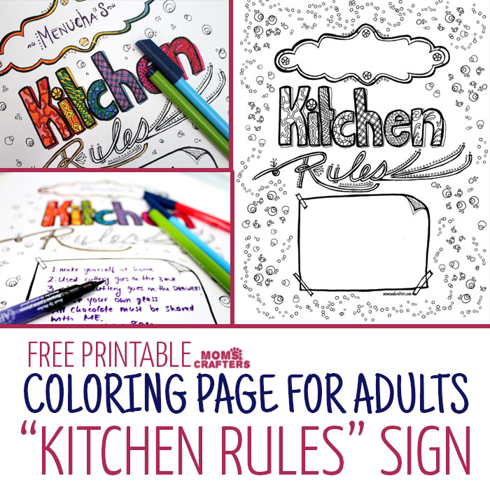 Decorate your kitchen with your own art! Color in this free printable coloring page for adults and add your own name and kitchen rules to it.