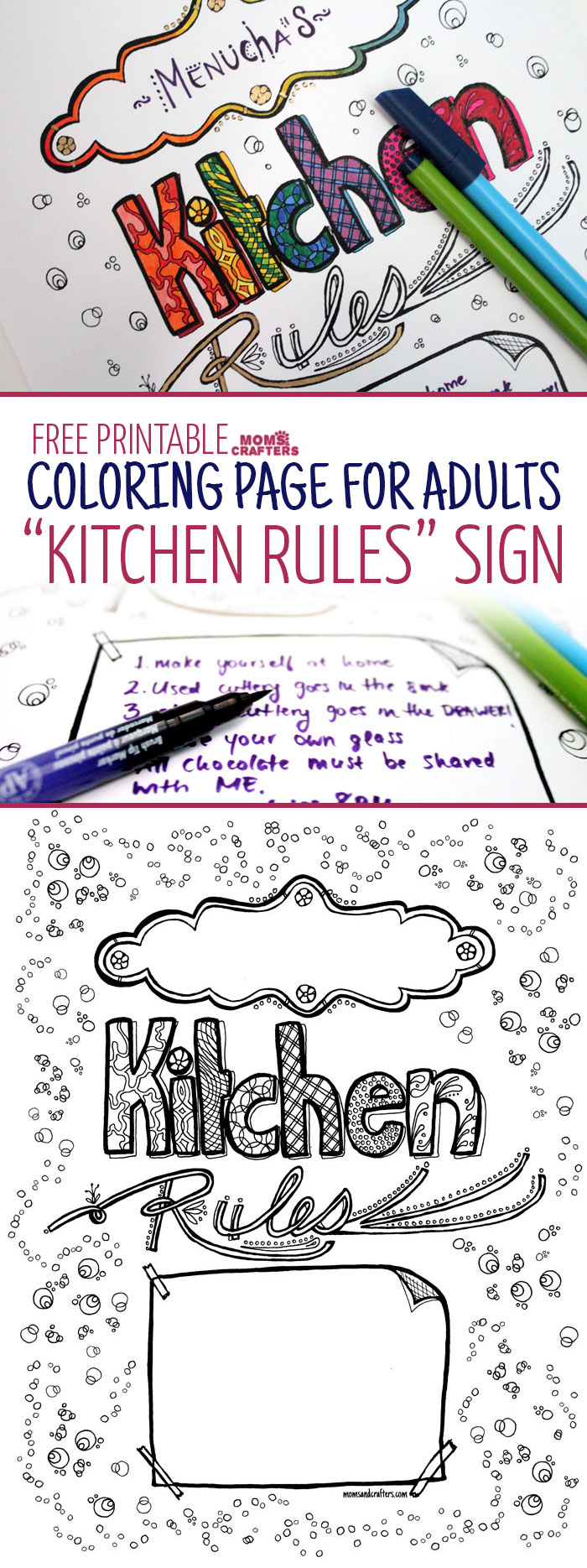 Decorate your kitchen with your own art! Color in this free printable coloring page for adults and add your own name and kitchen rules to it.