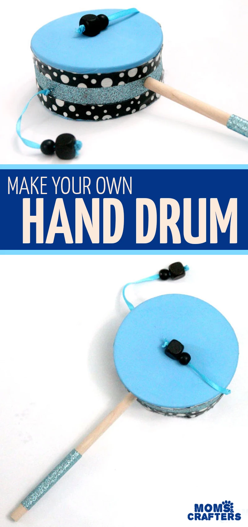 Make this super cool DIY toy hand drum with balloons, recycled Pringles containers and other basic craft supplies you probably have handy! #diytoy #noisemaker #newyearseve #kidscrafts #diymusicalinstrument #diymusic #musicalinstrument