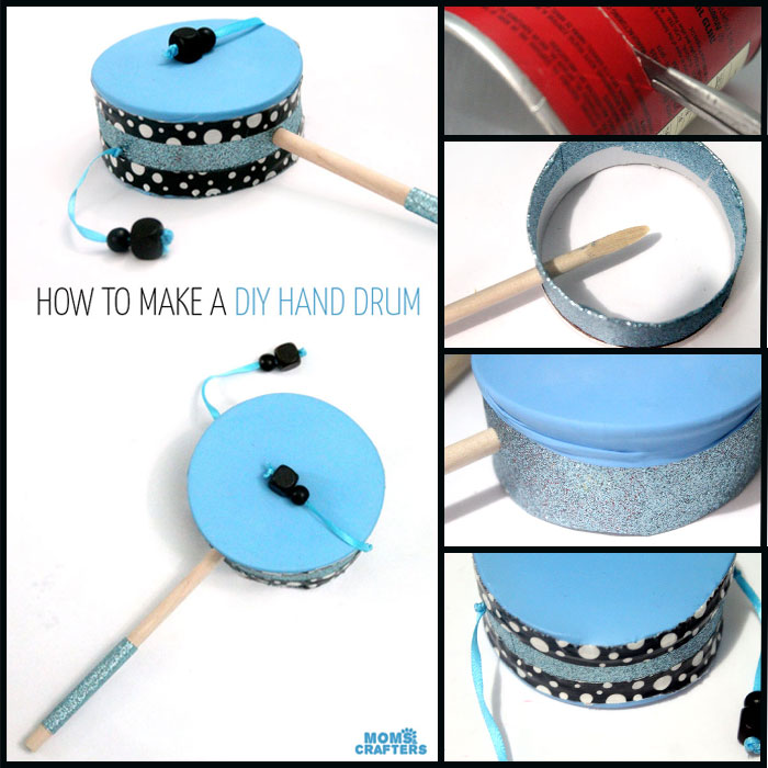 Make this fun diy musical instrument - a hand drum! Such a fun DIY toy for kids, and a craft that kids can help make, decorate, and play with afterward.