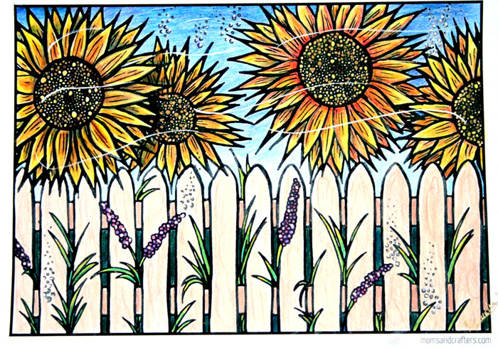 Download five free flower themed adult coloring pages for Spring! This sunflower themed complex coloring page for adults is fun for teens who like crafts and DIY too.