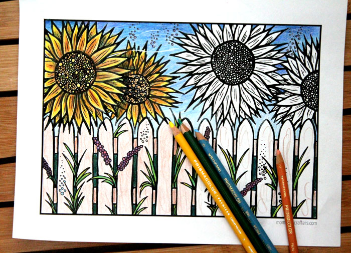 Download five free flower themed adult coloring pages for Spring! This sunflower themed complex coloring page for adults is fun for teens who like crafts and DIY too.