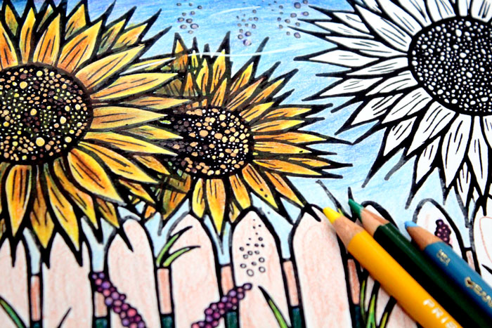 Download five free flower themed adult coloring pages for Spring! This sunflower themed complex coloring page for adults is fun for teens who like crafts and DIY too.