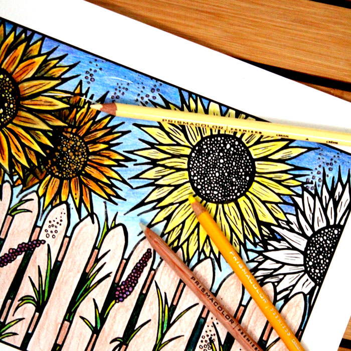 Download five free flower themed adult coloring pages for Spring! This sunflower themed complex coloring page for adults is fun for teens who like crafts and DIY too.