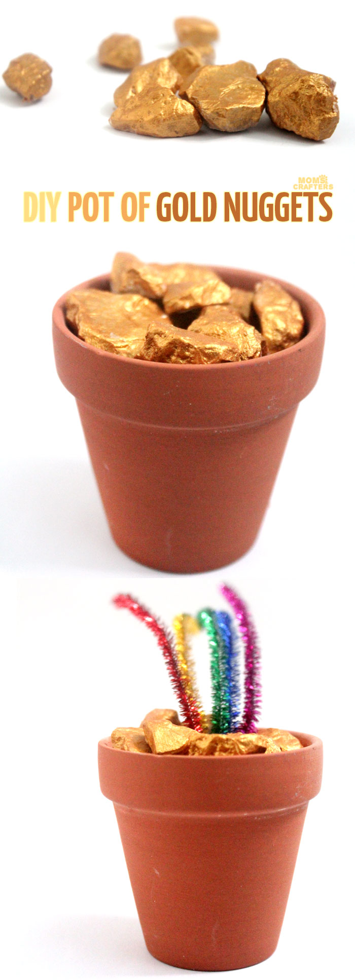 It's a rainbow craft with a twist! Make this pot of gold nuggets for St. Patrick's Day or any day! You can use the gold nuggets alone, add a rainbow if you want, or leave it as is. It's an easy craft for kids, teens, or even adults.