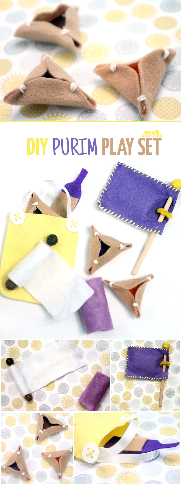 Make an adorable purim play set from felt! This DIY toy for the holiday of Purim includes hamantaschen, a megillah, a food package with "grape juice", and a gragger/noisemaker. It's an adorable DIY toy for toddlers and great for introducing the Jewish holidays to young kids.