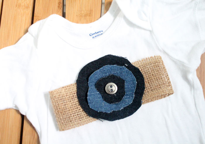 Make these super easy, shabby chic, burlap and recycled denim flowers. Perfect for making DIY accessories like headbands or hair clips, but I used it to update an old onesie. It's also a great way to upcycle and repurpose old jeans and a perfect craft for teens!