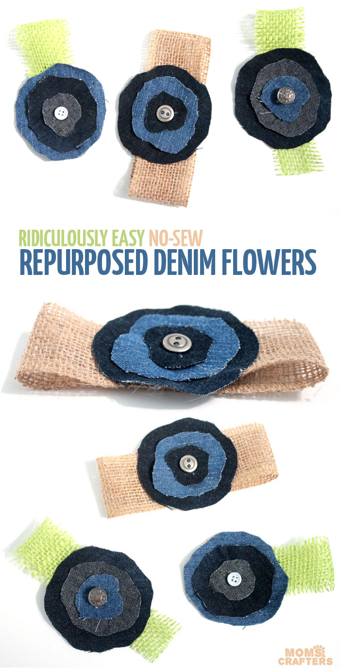 Make these super easy, shabby chic, burlap and recycled denim flowers. Perfect for making DIY accessories like headbands or hair clips, but I used it to update an old onesie. It's also a great way to upcycle and repurpose old jeans and a perfect craft for teens!