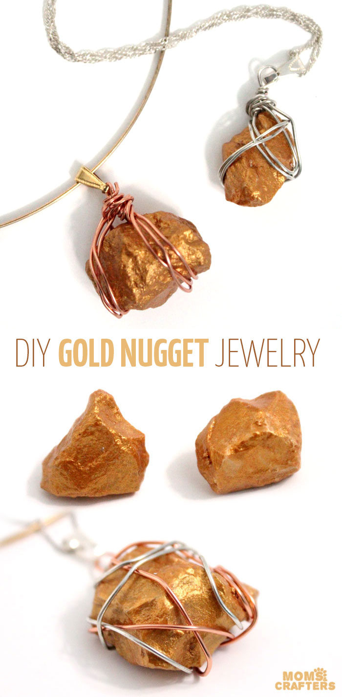 This DIY gold nugget jewelry is so easy to make and one of the cheapest jewelry making tutorials I've seen! Such an easy rock craft and teaches basic wire wrapping to make the pendants. The earrings take literally five minutes.