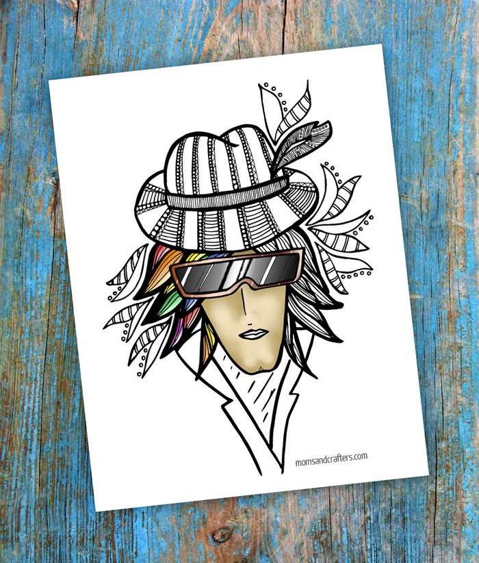 A free printable coloring page for adults, free from the illustrator! You'll love coloring this eccentric "man in hat" complex colouring page for grown-ups. It's detailed, crazy, and fun!