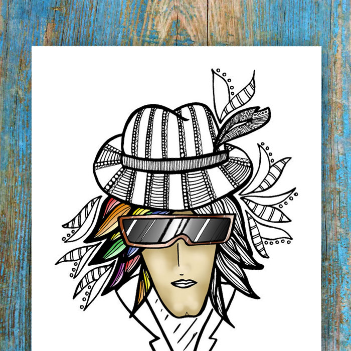 A free printable coloring page for adults, free from the illustrator! You'll love coloring this eccentric "man in hat" complex colouring page for grown-ups. It's detailed, crazy, and fun!