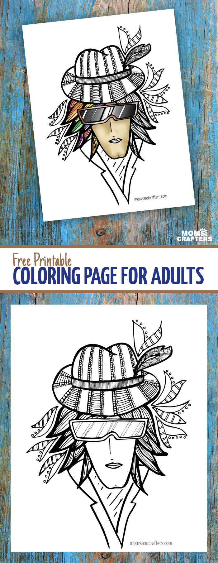 A free printable coloring page for adults, free from the illustrator! You'll love coloring this eccentric "man in hat" complex colouring page for grown-ups. It's detailed, crazy, and fun!