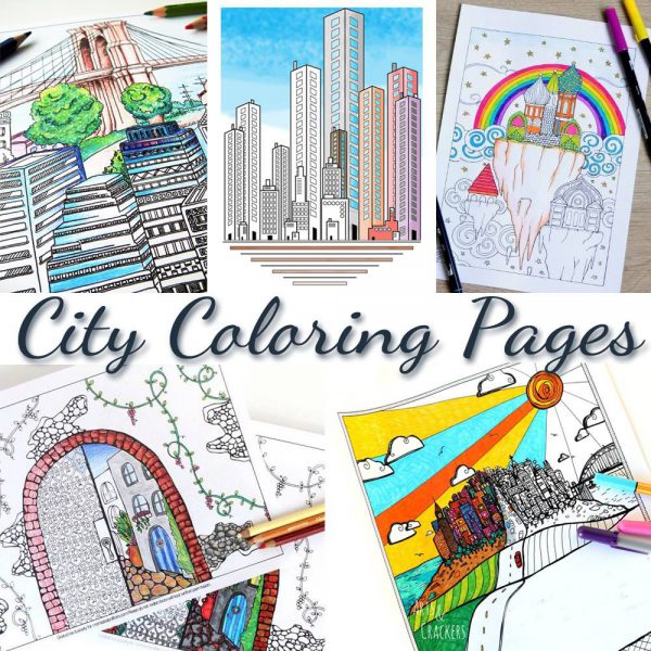 Grab this pretty amazing free printable adult coloring page! This arched city has tons of fun detail to color, and it includes 4 more city themed colouring pages for adults for you to download for free.