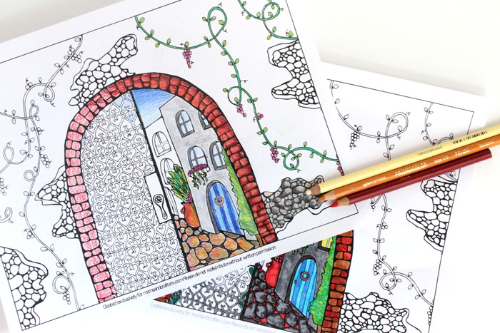 Grab this pretty amazing free printable adult coloring page! This arched city has tons of fun detail to color, and it includes 4 more city themed colouring pages for adults for you to download for free.