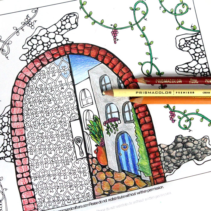 Grab this pretty amazing free printable adult coloring page! This arched city has tons of fun detail to color, and it includes 4 more city themed colouring pages for adults for you to download for free.