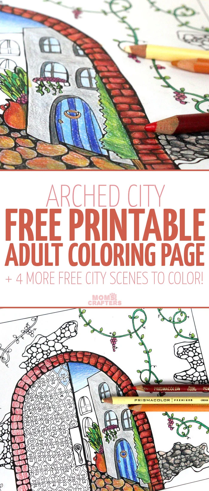 Grab this pretty amazing free printable coloring page for adults! This arched city has tons of fun detail to color, and it includes 4 more city themed colouring pages for adults for you to download for free.