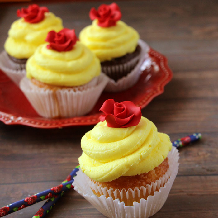 If you're looking for Beauty & The Beast party ideas, why not give these beautiful and easy Belle cupcakes a try. Don't you just love 'em? What a fun food idea!