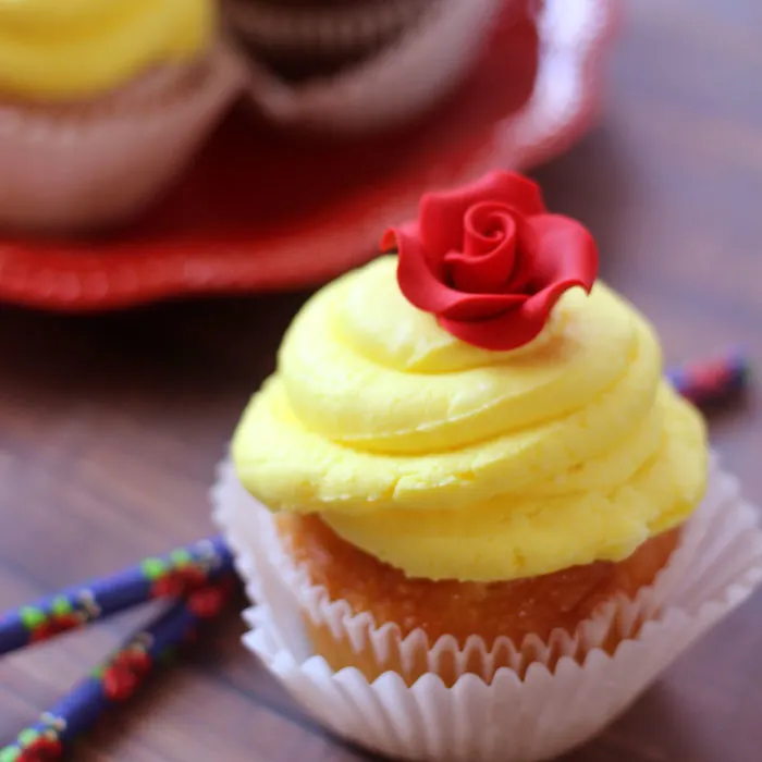 If you're looking for Beauty & The Beast party ideas, why not give these beautiful and easy Belle cupcakes a try. Don't you just love 'em? What a fun food idea!