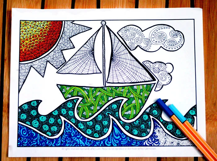 So cute - finally a free printable coloring page for adults that is perfect for my son's bedroom decor! Color in the detailed colouring page and hang in a kids room. This doodle boat themed page is perfect for the summer or even for the playroom