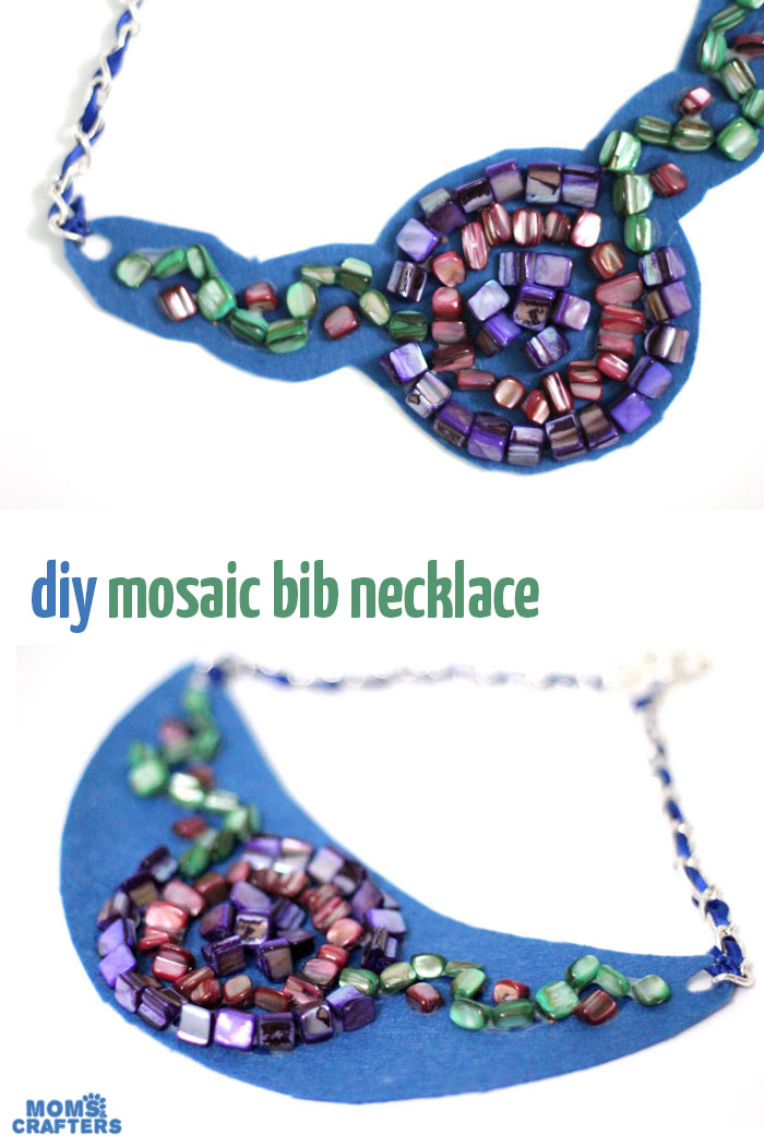 Make a beautiful DIY bib necklace with a pretty mosaic pattern. You can freeform or use symmetrical patterns on this fun jewelry making craft that's perfect for Spring, or any time you want to dress up a plain tee. It's so easy!