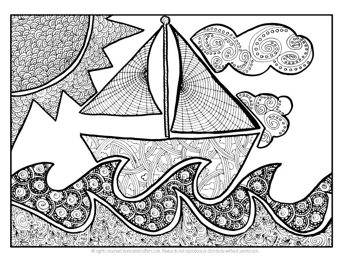 So cute - finally a free printable coloring page for adults that is perfect for my son's bedroom decor! Color in the detailed colouring page and hang in a kids room. This doodle boat themed page is perfect for the summer or even for the playroom