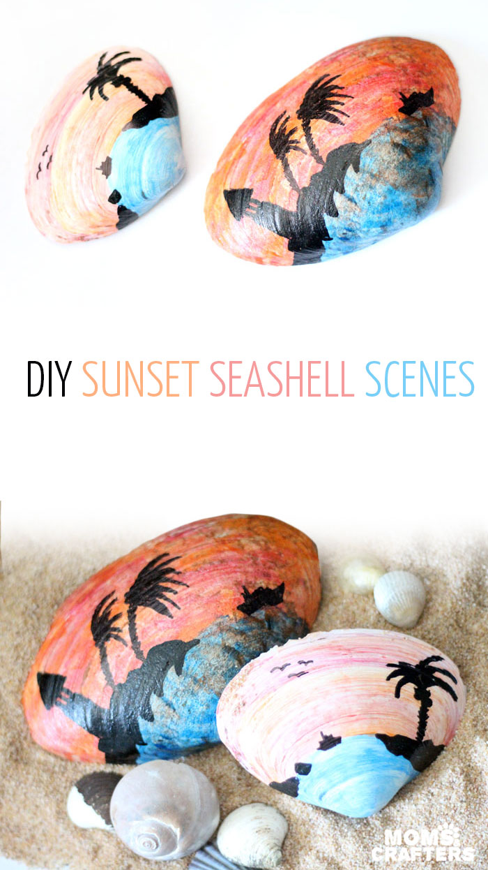 Make a beautiful painted seashell craft that totally fits! The stunning sunset beach scene is so appropriate for shells and makes a great art class prompt too - perfect for some summer fun!