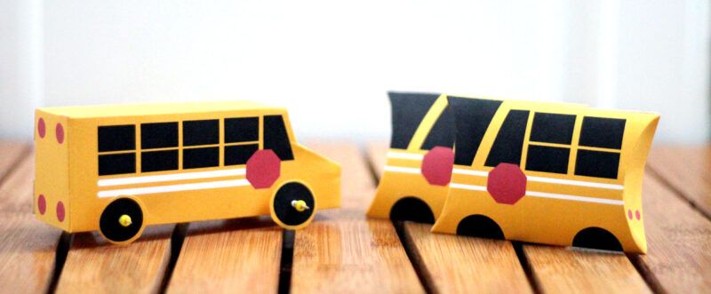 Grab these free printable school bus treat boxes for free! They include pillow box and a 3D bus that also makes a great toy. Perfect for back to school parties, transportation themed birthday party, or even as a gift box to thank a bus driver before school ends!